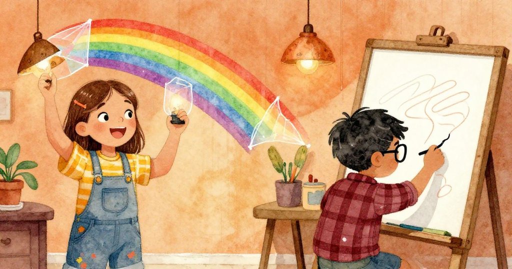 莎拉與多利安共同慶祝創作突破，彩虹光束穿透模板映在板上，笑聲與專注情感洋溢整個工作空間。