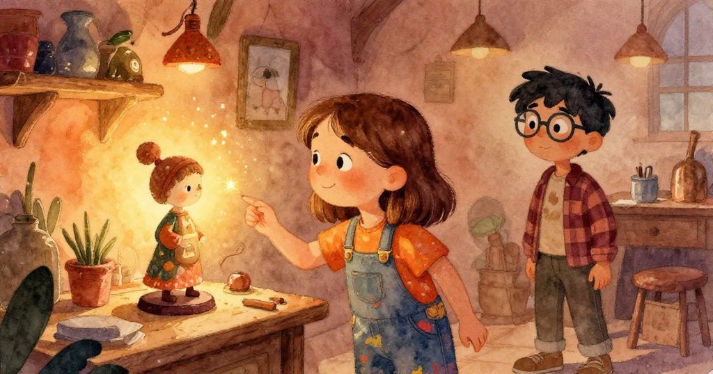 莎拉凝望發光的商人雕像，多利安在一旁靜觀成功成果，工作桌上閃爍微光，結束一天創意冒險，情感溫馨。