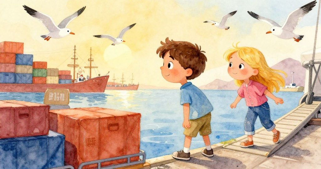 在熱鬧的海港中,Miles檢查貨物,Cora穩站木板上,海鷗飛舞且碼頭工忙碌,展現期待與冒險的開端。
