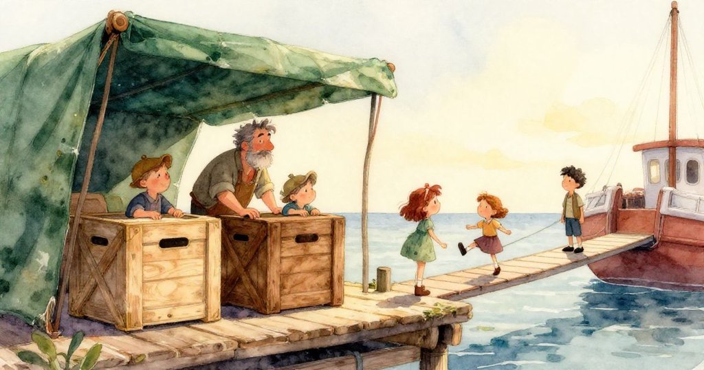 在半透明水下視角中,Miles急忙用船鉤抓住傾斜水桶,桶內貓魚活潑游動,水花四濺呈現動感場面。