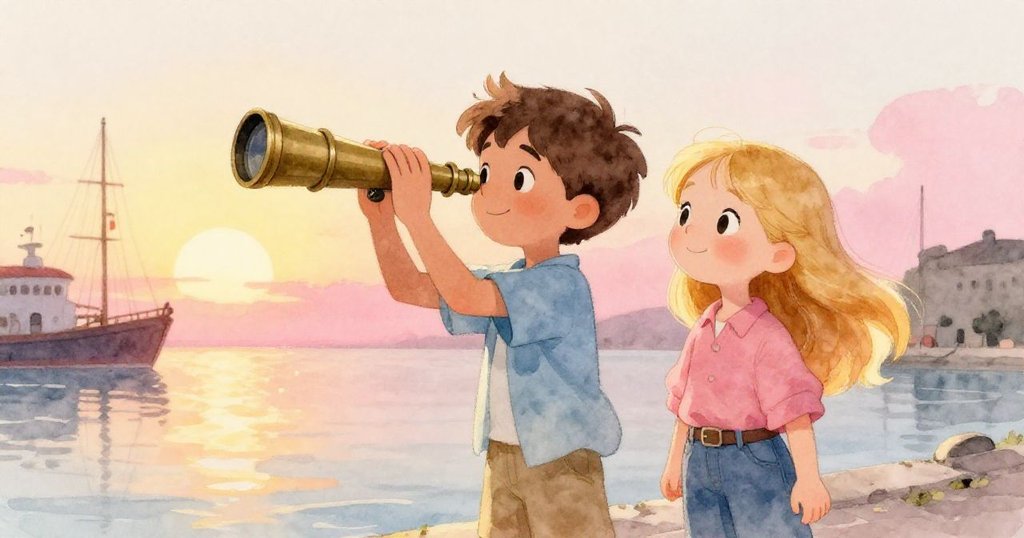 夕陽餘暉中,Miles與Cora站在平靜海港上,手持望遠鏡望向星空,臉上滿是滿足與安寧,預告新冒險。