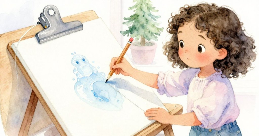 Thea專注於用鉛筆精確劃線,近拍展示被夾住的畫布和緊繃弦線,細節溫柔呈現精準與用心。