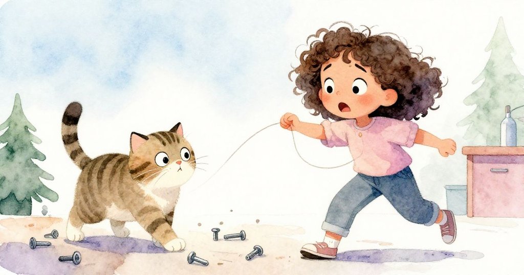 低角度視角中,Thea拉弦瞬間反彈觸及貓鬚,貓咪耳朵撇平驚訝躍動,呈現充滿動態的活潑工坊場景。