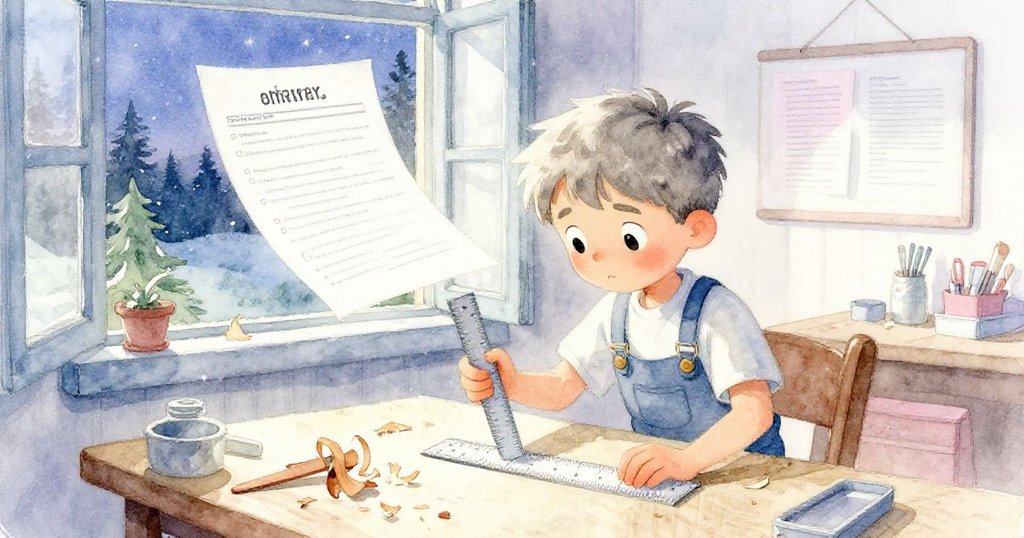 傍晚工坊中,Rafe用尺記下數字,木屑散落和問卷隨風移動,光影交錯中展現時光推移的故事。