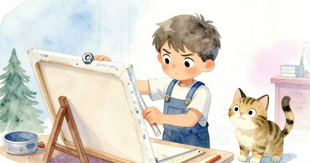 畫布因貓咪玩躍產生扭曲,Rafe急速以螺栓修復,貓咪好奇旁觀,場景充滿發現與行動的張力。