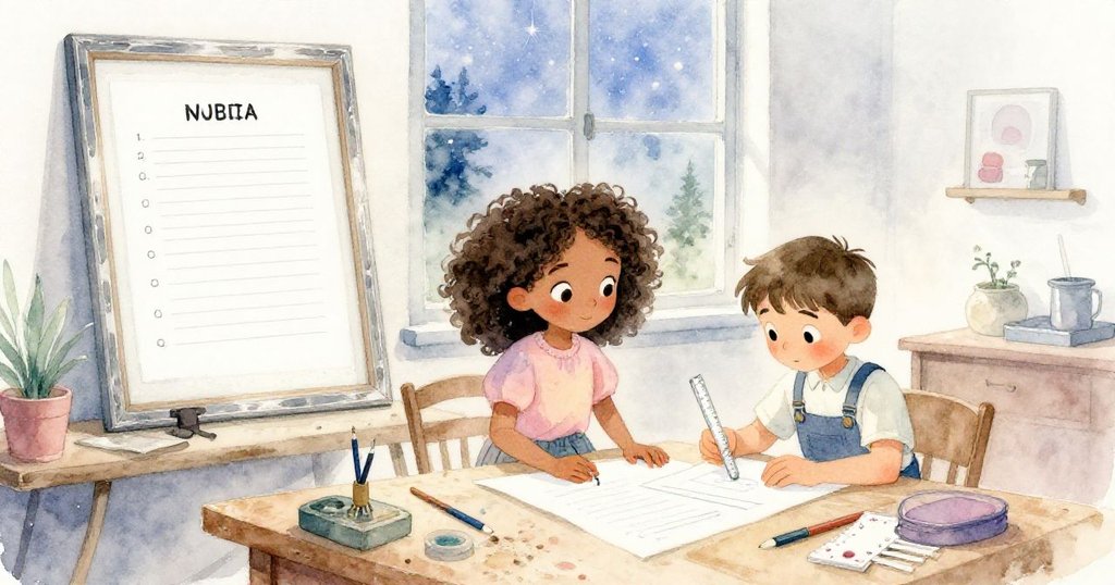 寧靜工坊全景中,Thea與Rafe滿意注視修復完畢的畫框,問卷靜躺窗邊,晚光柔和,映出長影與平和結局。