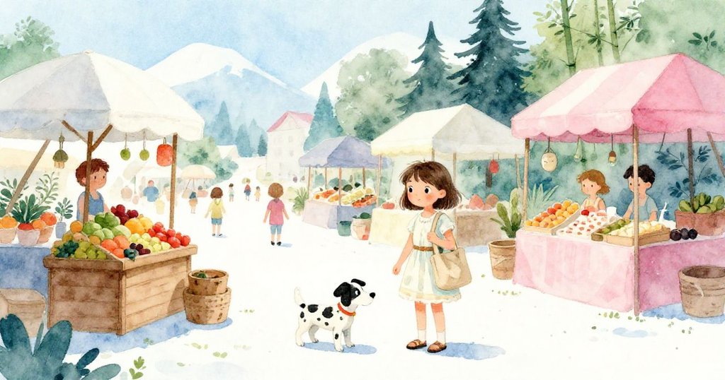 Bea在熱鬧市集中靜立調整畫布包，Patch在旁邊嗅探地面，背景有竹竿和彩色遮陽篷，神情期待而溫暖。