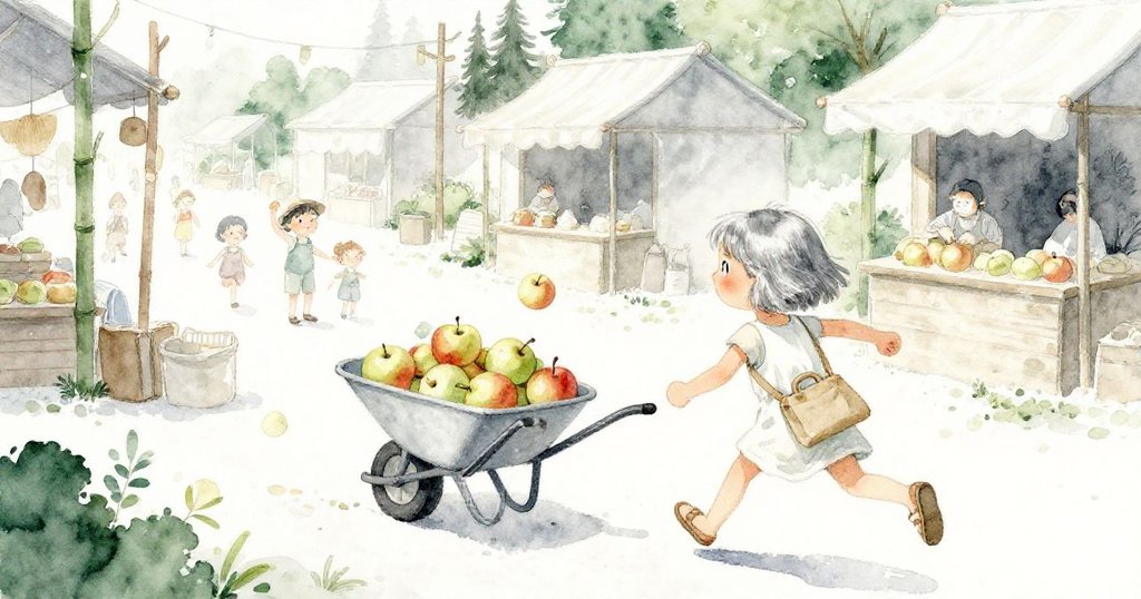 從Bea背後看見她急跑追趕傾斜推車，推車中蘋果滾動，市場背景熱鬧且充滿現場細節。