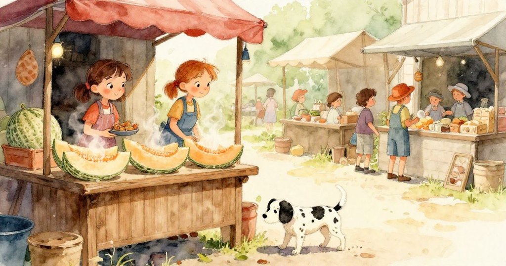 市場充滿春日陽光與微風，展示新鮮蘋果和水果攤位，背景色彩藍、粉與薰衣草，場面溫馨熱鬧。