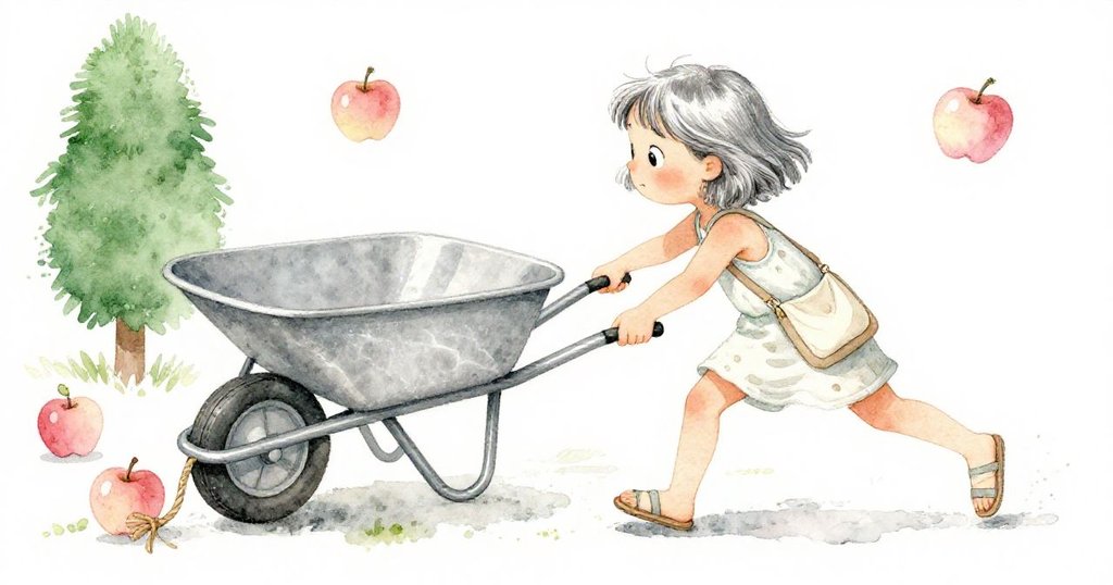 Bea果斷伸手抓住推車手柄並固定繩索，蘋果在旁滾動，現場氣氛緊張而充滿決心。