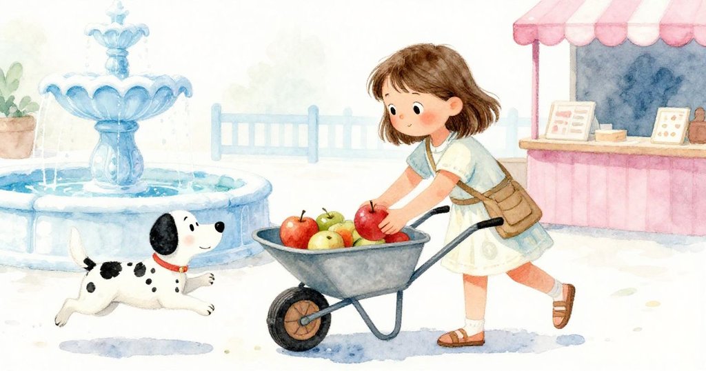 Bea放下手推車收起蘋果，滿意微笑，Patch興奮奔向水池，背景市場安穩且透著午後溫暖陽光。