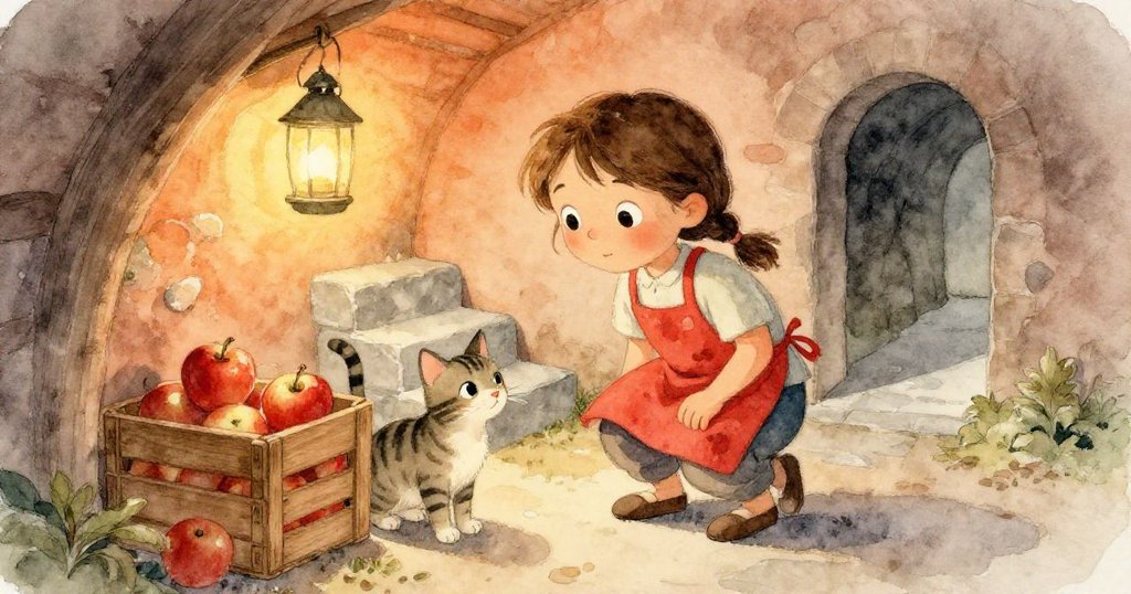 斐恩蹲在涼爽的地窖中，身旁有條斑紋貓依偎在蘋果箱邊，燈光柔和展現準備工作前的寧靜時刻。