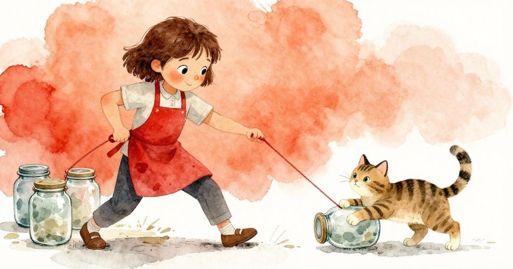 斐恩用力拉扯橡膠帶，玻璃罐隨之輕晃，斑紋貓好奇伸爪輕碰移動的罐子，場景動感十足。