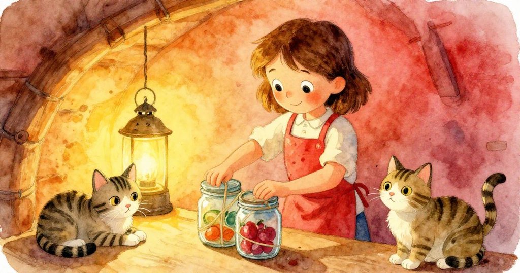 斐恩滿懷欣慰細心整理穩固玻璃罐，斑紋貓靜靜守候在石牆旁，燈光溫暖包圍著成功後的寧靜畫面。