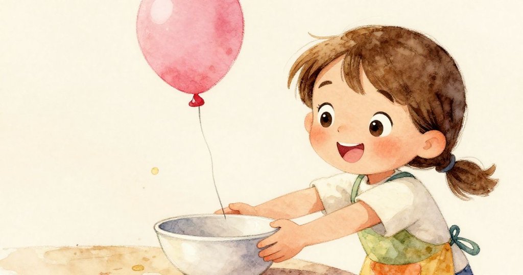 Ivy面帶微笑專注推動滑動的碗，背景隱隱見到下墜氣球，情緒溫柔且自信。