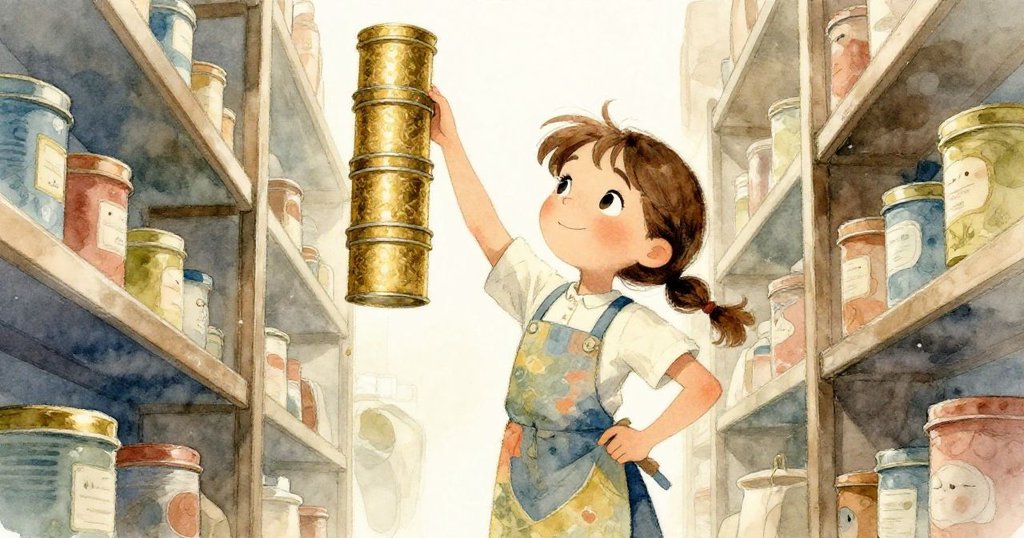 從低角度仰視Ivy在狹窄通道中用單手穩住堆疊鐵罐，表情堅定且英勇，背景貨架高聳。