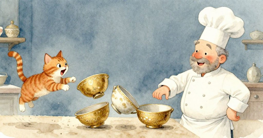 連鎖滑動的瓷碗瞬間引發緊張，Chef Bram輕笑化解，生薑色貓驚跳躲避，畫面充滿動感與溫暖意趣。