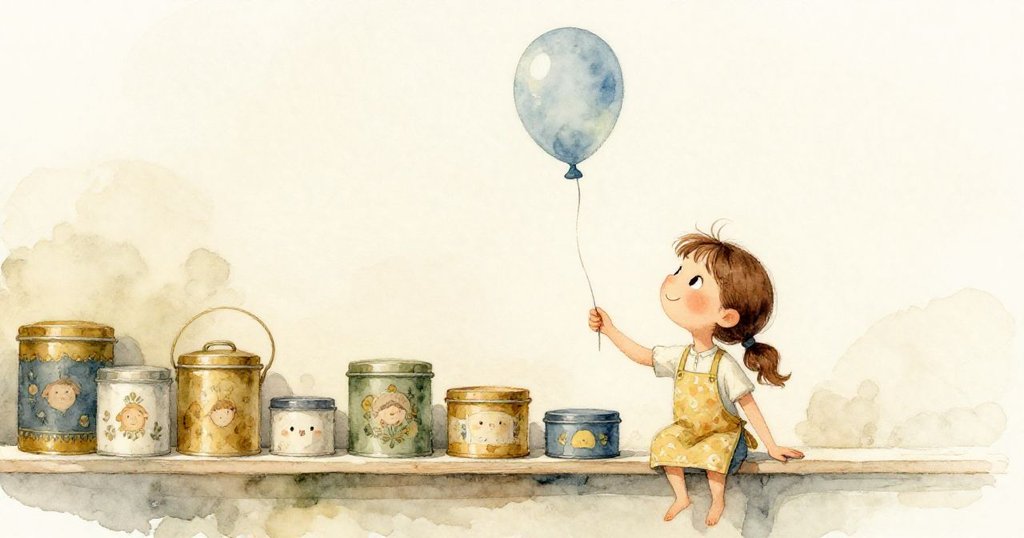 騷動平息後，Ivy專注檢查罐頭，氣球緩緩下墜，環境重現寧靜有序，充滿溫馨安心的家庭氣息。