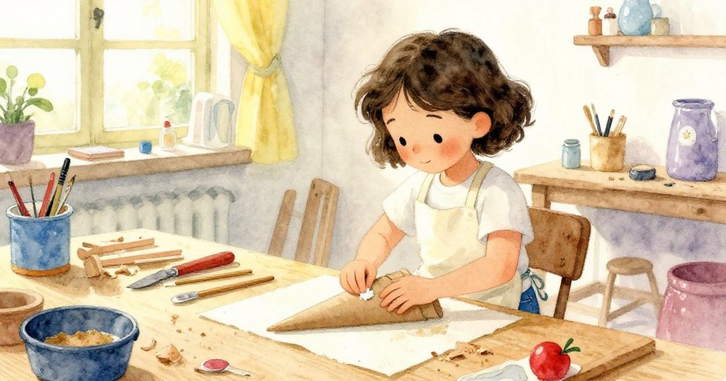 June在家庭工作室專心打磨紙板錐，桌面散落工具和木屑，表情溫柔而認真，環境溫暖舒適。