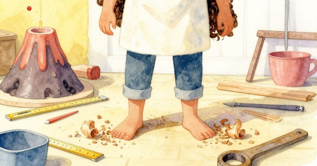 June輕快地踏過工作台上散落的木屑和工具，專注調整火山模型，動感展現溫馨工坊氣氛。