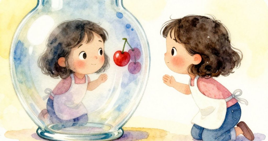 花瓶上細緻環紋反射出June好奇的臉龐，她凝視振動著的花瓶，充滿神秘感與溫暖工坊背景。