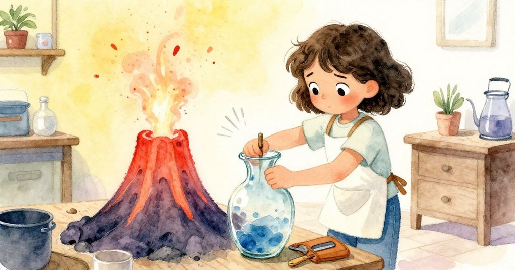 June緊張地用工具袋固定搖晃的花瓶與火山模型，背景中工具輕微擺動，展現出緊張而決心的瞬間。