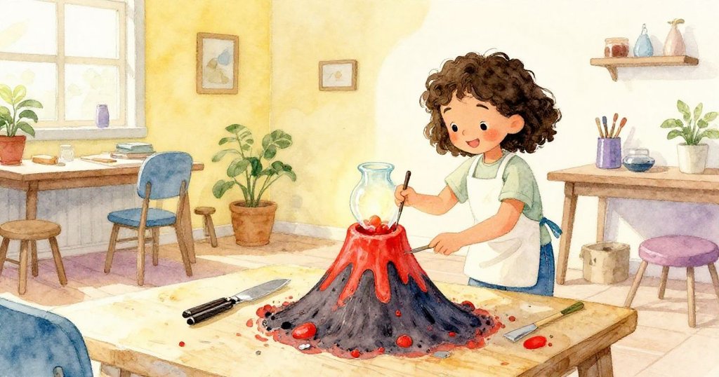 June滿意地站在恢復平靜的工作台前，火山模型與花瓶穩定融合，紅色油彩點綴火山頂，環境溫馨圓滿。