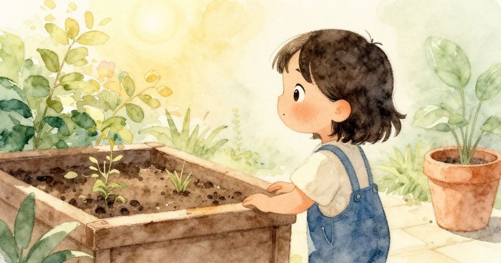 Suki站在陽光庭園中，剪影清晰，她置身庭院內正準備創作，背景溫暖明亮，神情充滿期待