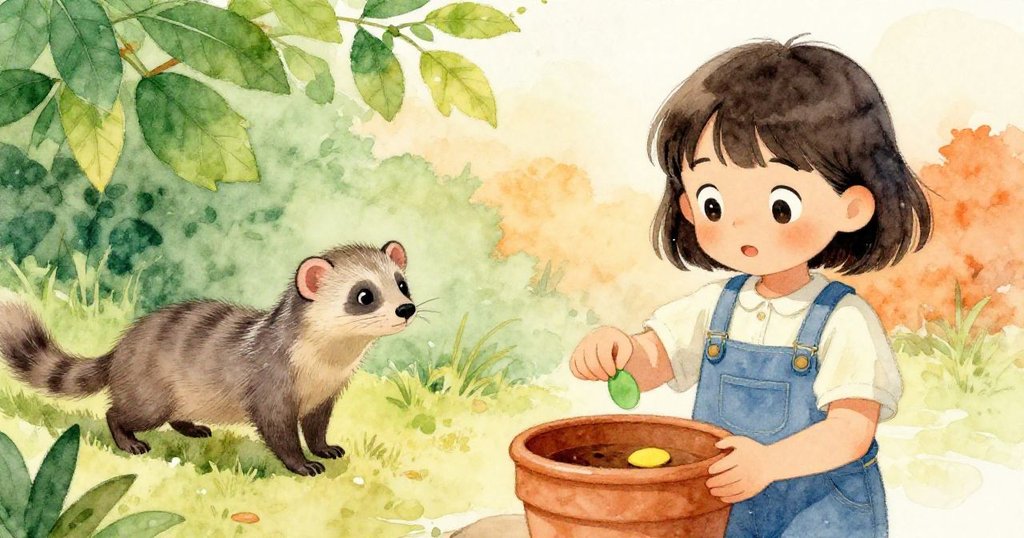 Suki將綠色與黃色冰晶分段放置於花盆上，旁邊一隻好奇獴探出頭來，場景活潑富變化