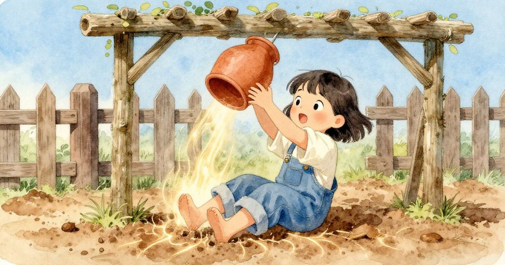 Suki將花盆滑入涼爽藤架下調整冰晶，庭園中有圍欄與閃爍熱感土壤，場景充滿轉換與活力