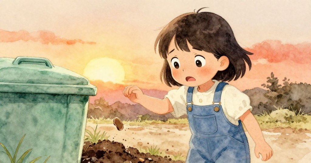 Suki面露憂慮觀察冰晶掉落在潮濕土壤上融化，背景有堆肥桶和輕微蒸氣，情感細膩