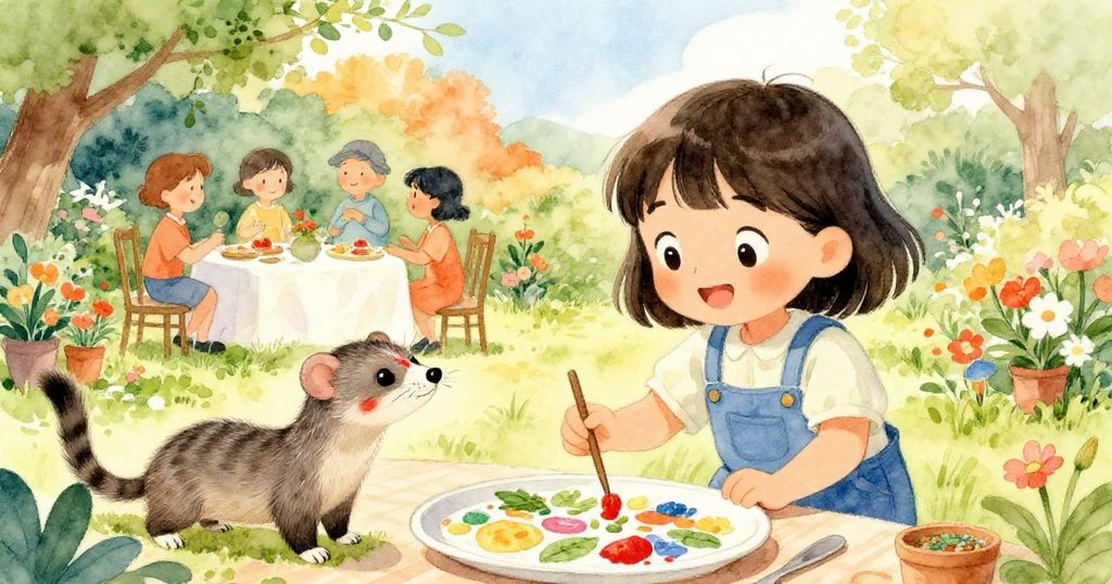 Suki滿臉笑容欣賞彩色冰晶圍繞花盆，獴鼻上染上紅色，鄰居陸續來聚會，場面溫馨歡樂