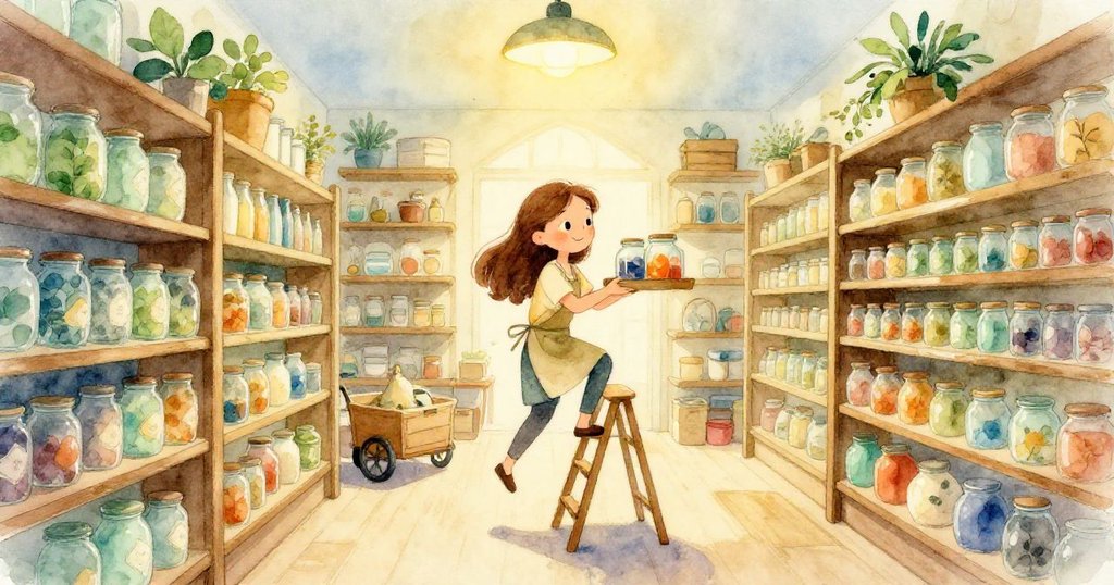 Cora忙碌地站在梯凳上,整理色彩豐富的玻璃罐,溫馨儲物室中燈光柔和,神情專注展現新一天工作開始。