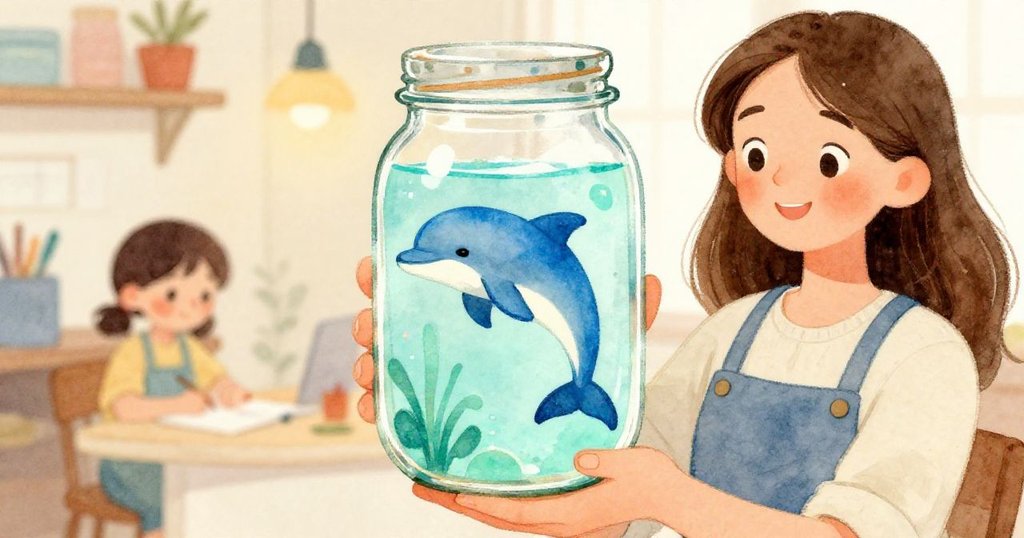 Cora小心握著印有海豚圖案的美麗玻璃罐,專注檢查細膩筆觸,柔和燈光突顯工作台溫暖細節。