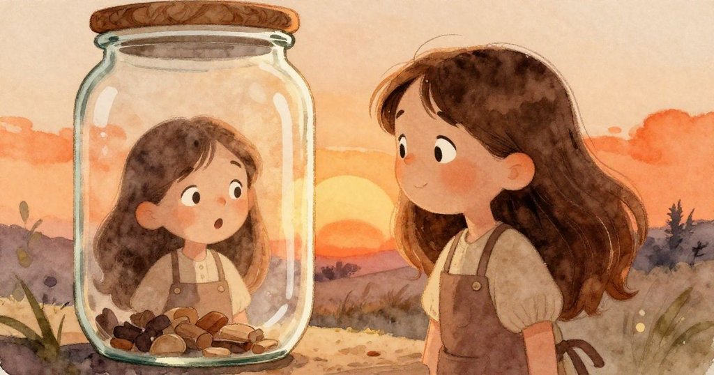 Cora透過玻璃罐看到自己驚喜倒影,夕陽橘光與棕色背景交織,神情中流露出一絲省思與驚奇。