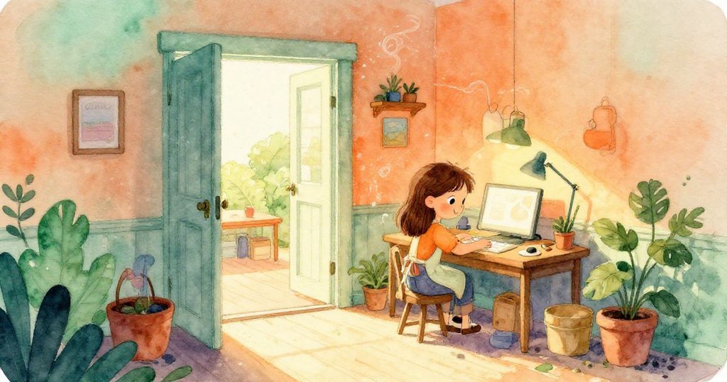 Cora在傍晚微涼光線中調整架上物品,室內塵埃隨光舞動,溫暖與清新交錯呈現季節變換之美。