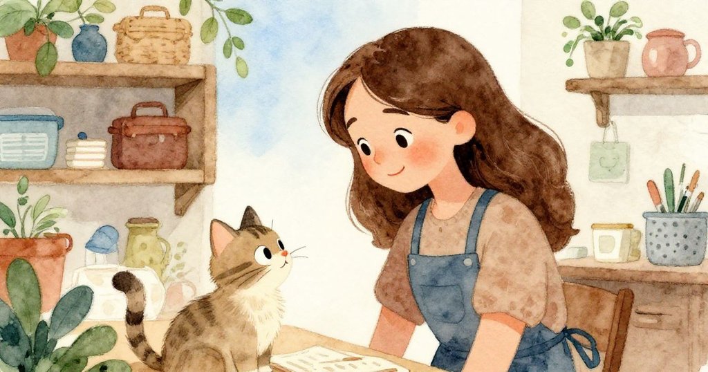 Cora溫柔撫摸好奇小貓,身旁散落的玻璃罐輕微晃動,室內充滿和諧與安定溫馨氛圍。