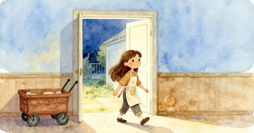 Cora將小車推入角落後,自信邁向敞開門外的清新傍晚,臉上滿懷期待迎接新旅程。