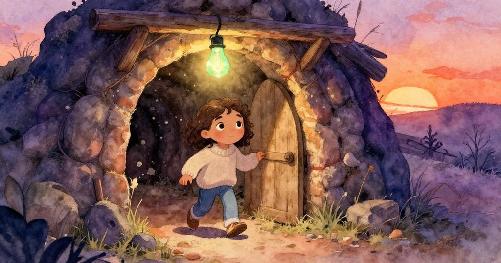 Sara踏入昏暗地窖，綠燈泡散發神秘光芒，塵埃飛舞，她滿臉好奇與期待，進入探索冒險。