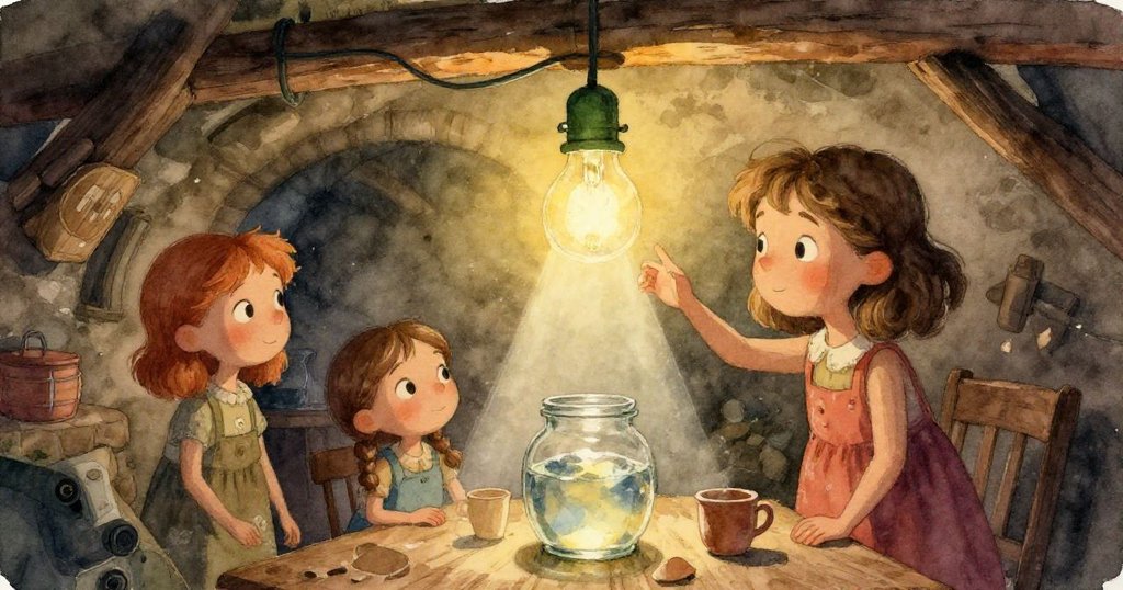 Sara專注於手中玻璃罐，內含混濁液體反射出彩虹光芒，她展現驚奇神情，細節豐富動人。