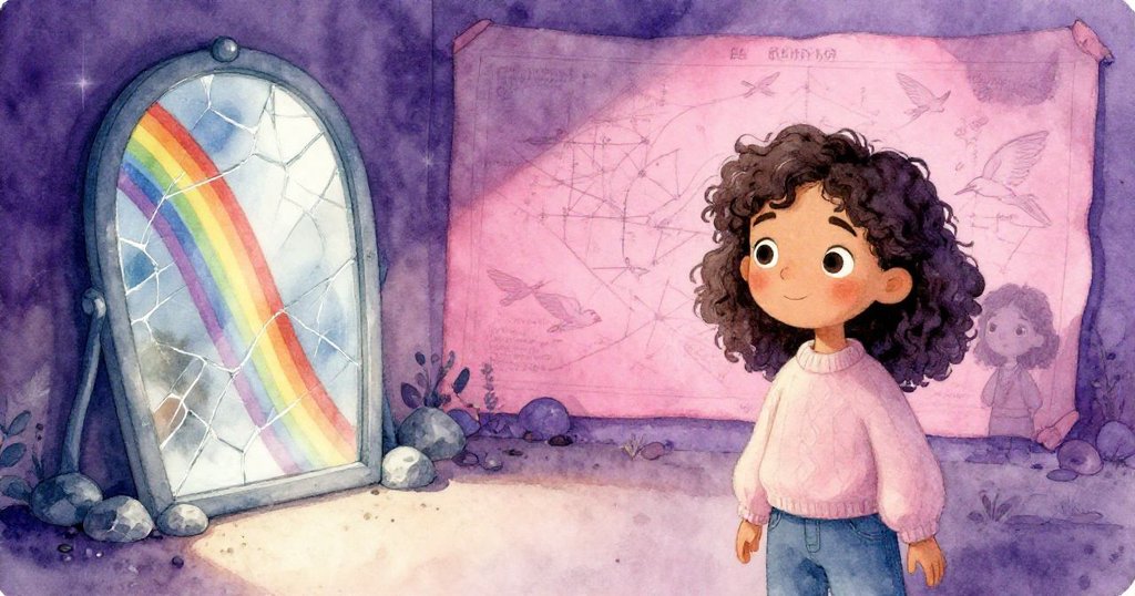 Sara在暗角靜觀裂鏡反射出彩虹光線及展示古老圖表中鳥翼輪廓，畫面分割展現神秘魔幻情景。