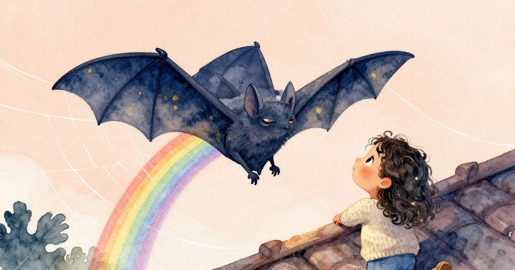 Sara抬頭注視屋頂上蝙蝠，彩虹光線輕灑其身，她神情悸動且兼具關懷與好奇。