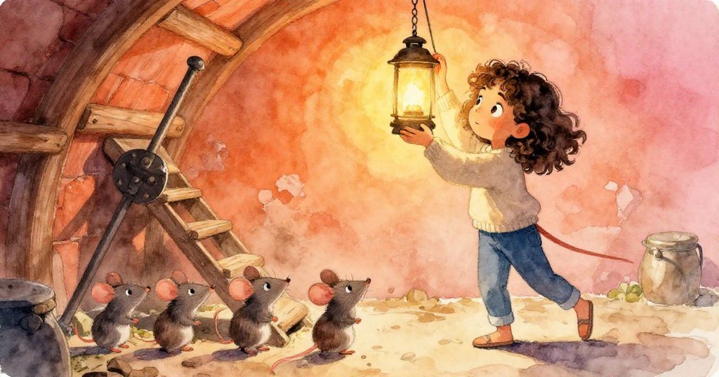 Sara急忙調整搖擺燈籠鏈，旁邊老鼠群快速奔跑推動鐵杆，現場充滿動感活力。