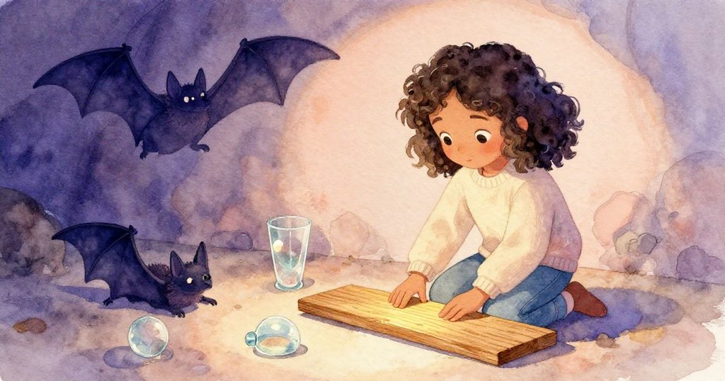 Sara穩定地插入木條固定台階，蝙蝠回至陰影中，整個地窖恢復平靜，散落塵埃在微光中靜舞。