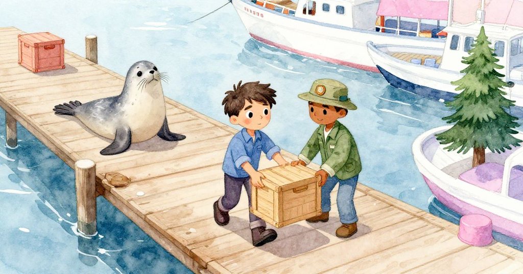 Reed 與Troy在晴朗的港口忙碌著，鳥瞰視角呈現碼頭、搖晃的船隻與自由的海豹，充滿冒險氛圍與自然景致。