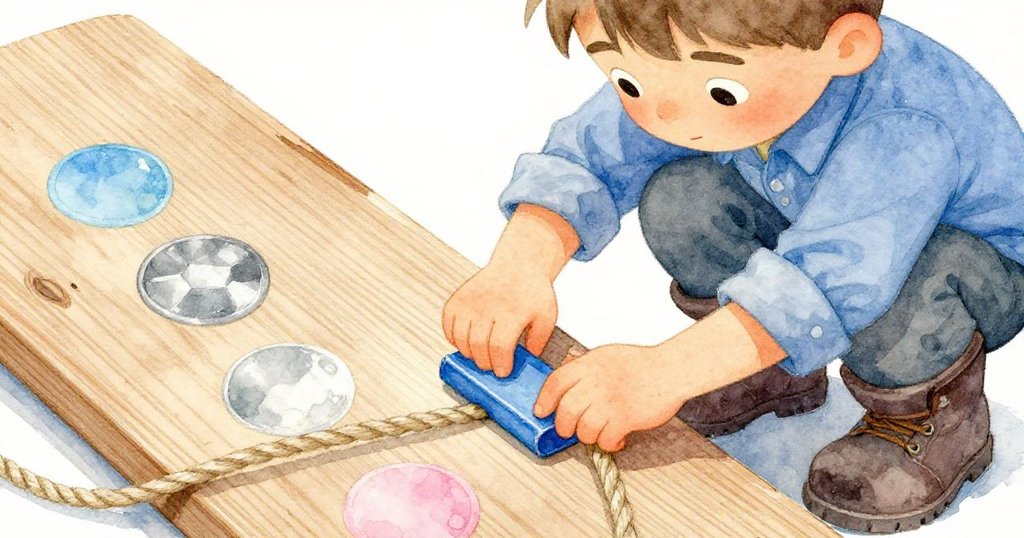 Reed專注操作繩索與藍色橡膠緩衝器，手部細節描繪出勇敢求精的場景，背景有潮濕木板。