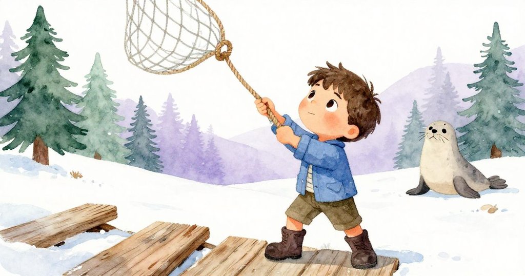 低角度俯瞰Reed在碼頭上奮力拉繩，表情堅毅，背景顯露破舊木板和海豹嬉戲。