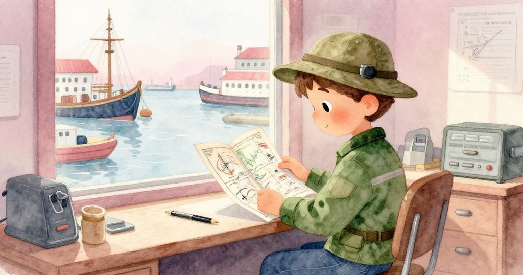 溫暖港口辦公室內，Troy細讀航海圖紙，窗外景色呈現忙碌與寧靜交織感。