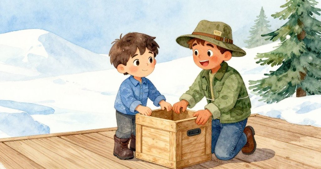 Reed與Troy在甲板上互視鼓勵，成功安置貨箱後喜悅展露笑容，共享冒險成果。