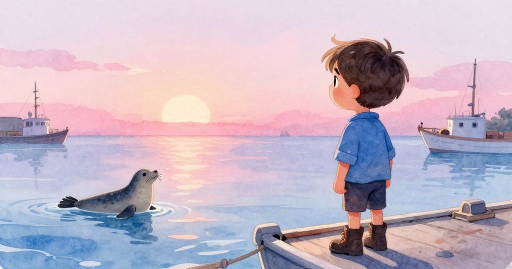 夕陽下，Reed目送海豹輕漂，港口染上金色餘暉，環境靜謐收尾，流露輕鬆滿足。